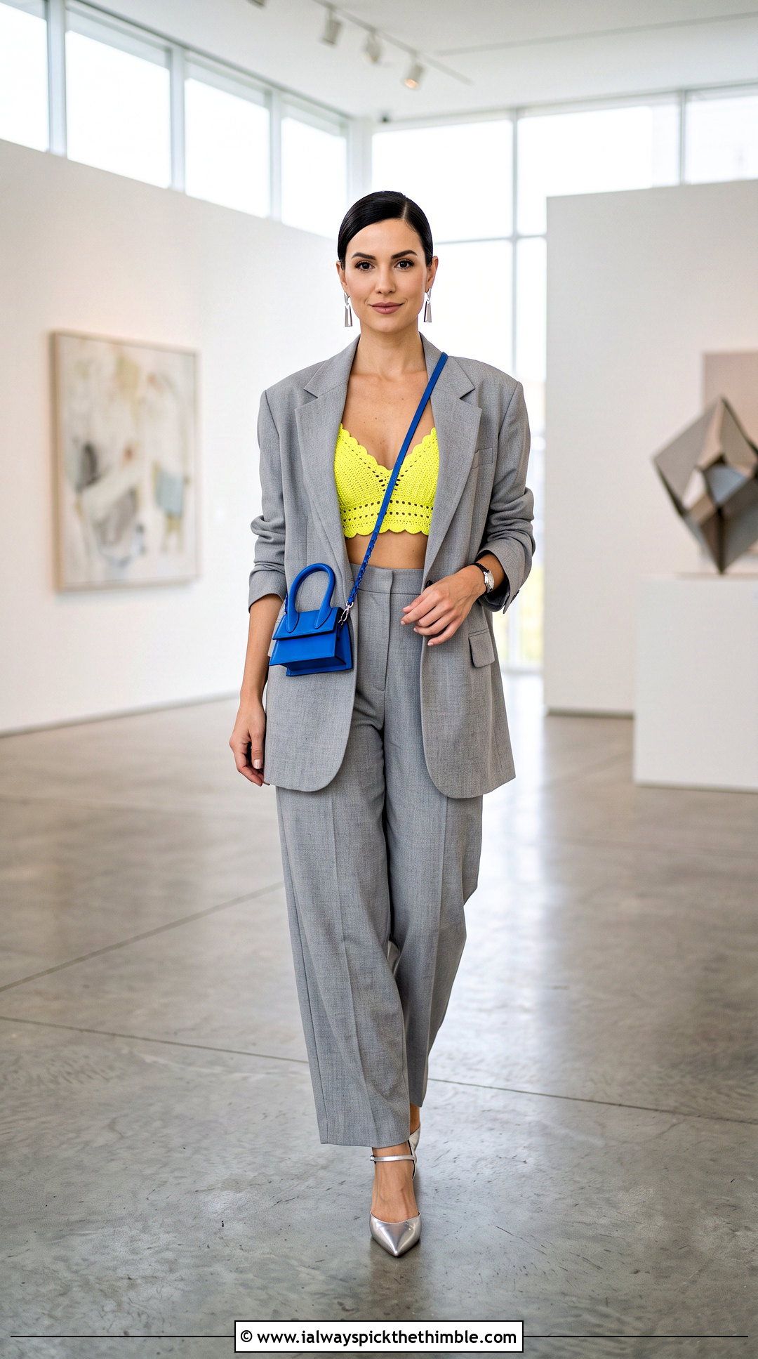 Lemon Crochet Bralette Top With Oversized Suit - 20 Lemon Crochet Top outfit ideas