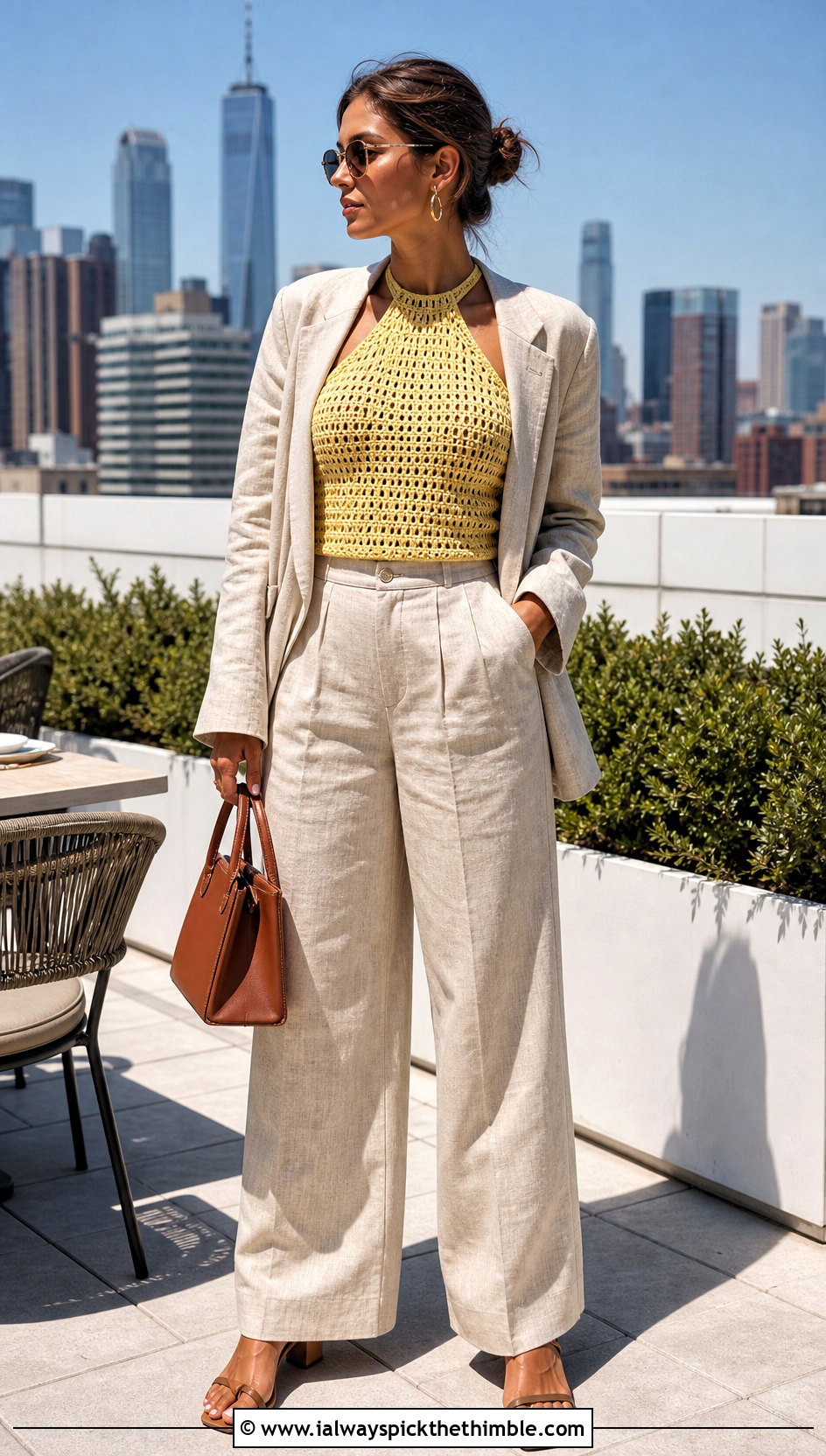 Lemon Crochet Halter Top With Linen Suit - 20 Pastel Crochet Clothes and outfit ideas