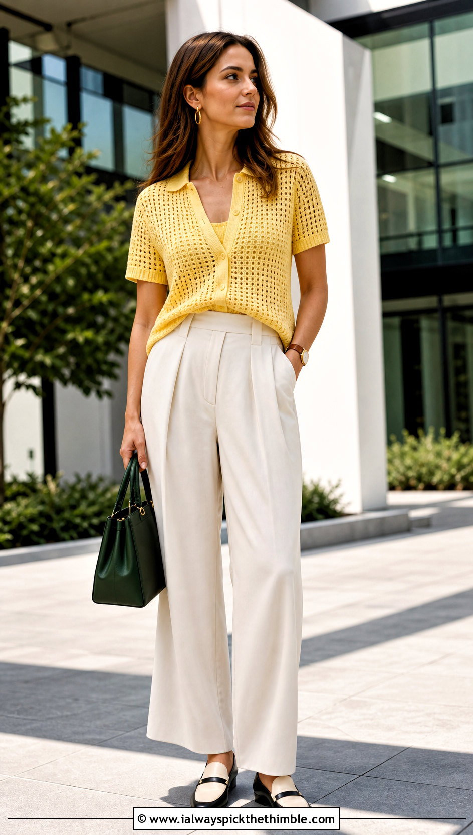 Lemon Crochet Polo Top With Pleated Trousers - 20 Lemon Crochet Top outfit ideas