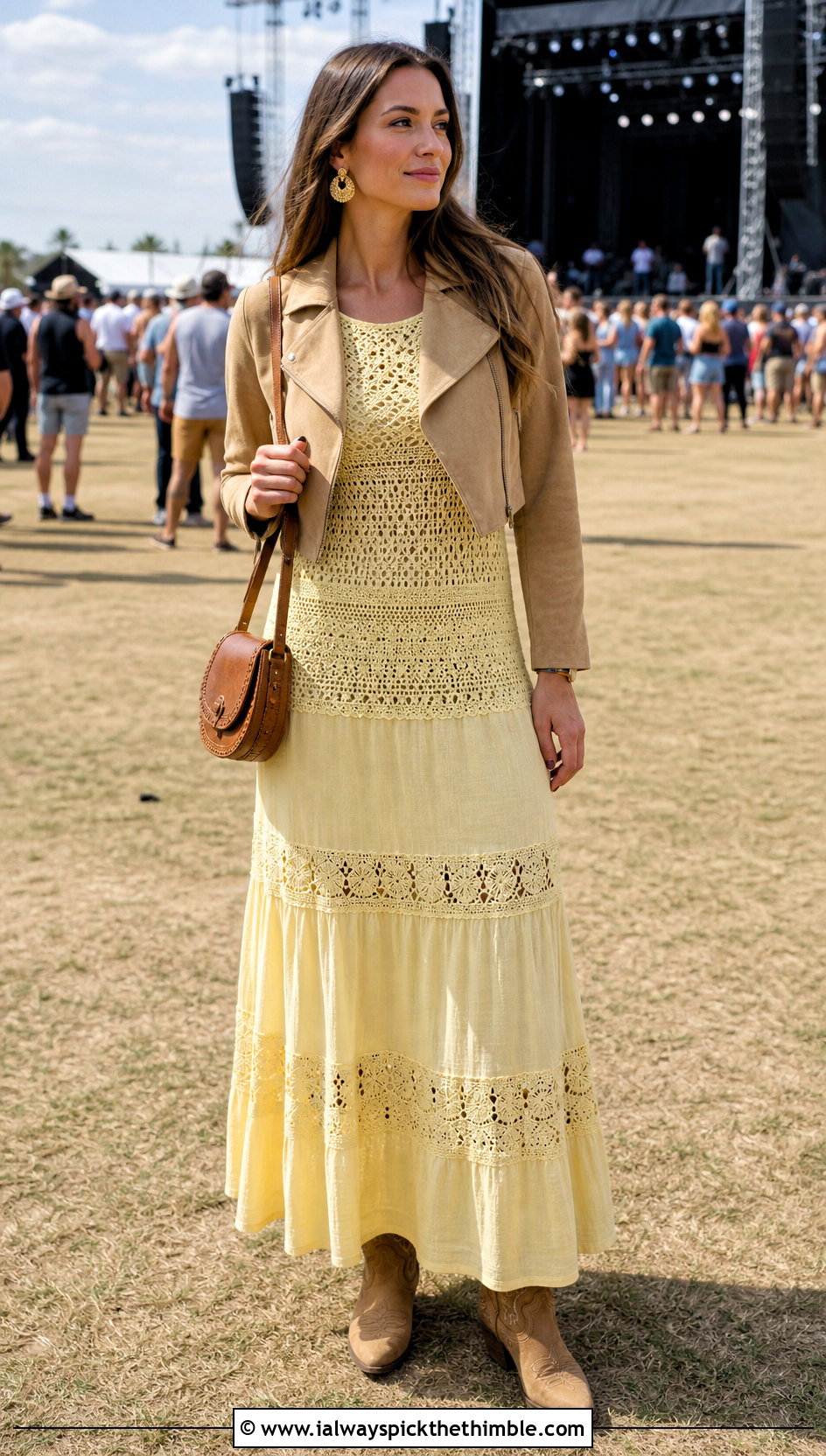Lemon Crochet Tiered Maxi Dress With Western Boots - 20 pastel crochet dress outfit ideas