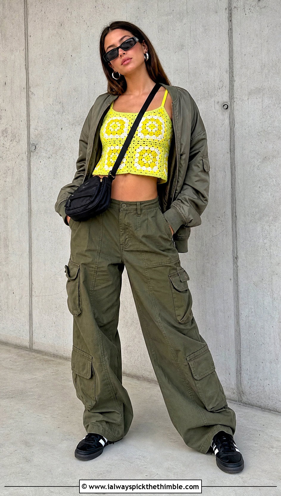 Lemon Granny Square Crop Top With Cargo Pants - 20 Lemon Crochet Top outfit ideas