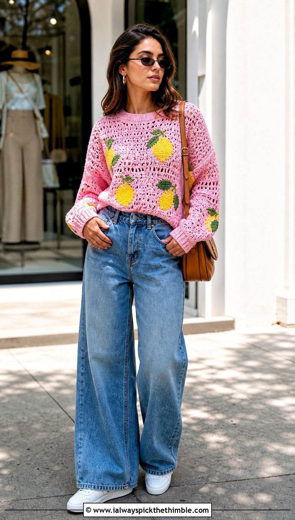 Lemon Motif Crochet Sweater With Wide Leg Jeans - 20 Crochet Lemon Sweater outfit ideas
