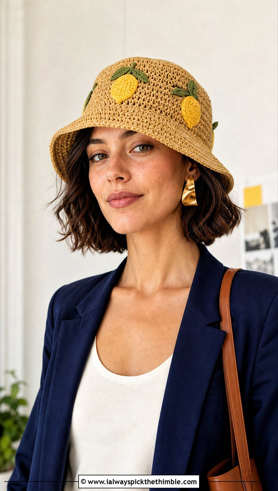 Lemon Motif Tapestry Bucket Hat With Navy Pantsuit - 20 Lemon Crochet Bucket Hat outfit ideas