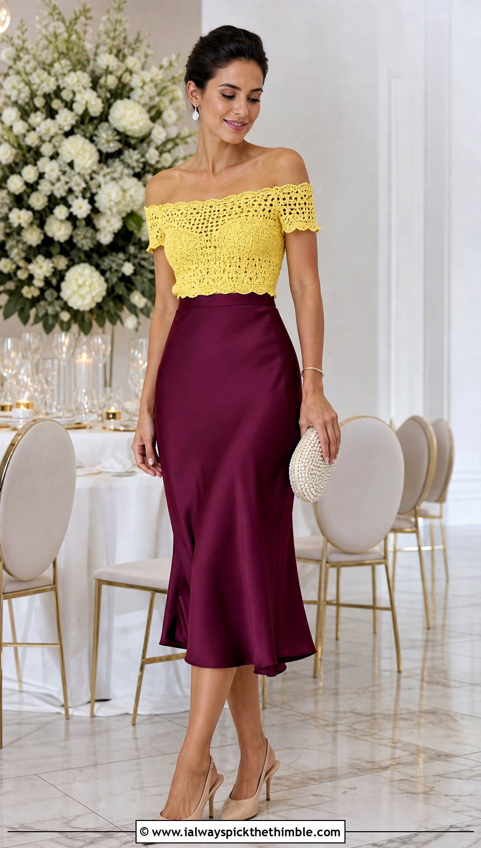 Lemon Off Shoulder Crochet Top With Satin Skirt - 20 Lemon Crochet Top outfit ideas