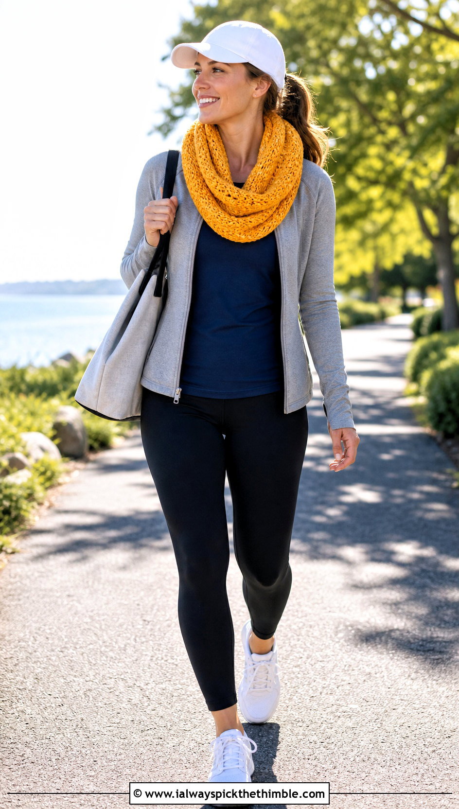 Lemon Peel Infinity Scarf With Leggings And Sneakers - 20 Beginner Crochet Infinity Scarf outfit ideas