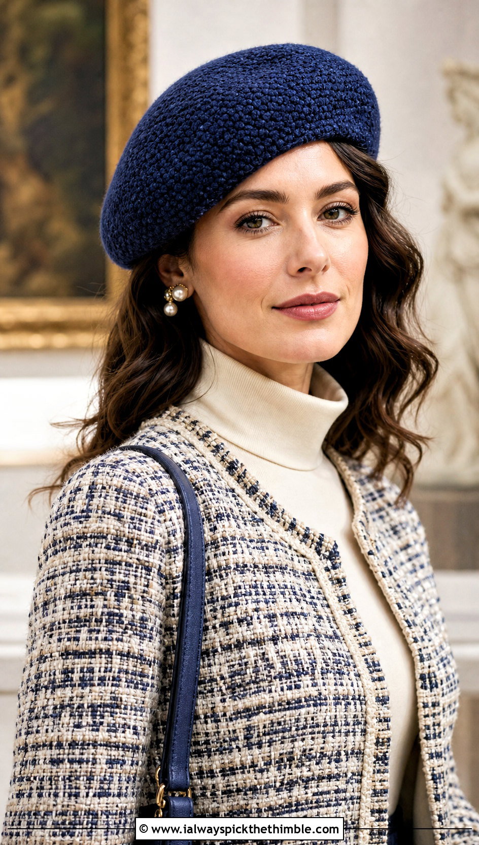 Lemon Peel Stitch Beret With Tweed Jacket - 15 Lemon Peel Stitch Crochet Hat outfit ideas
