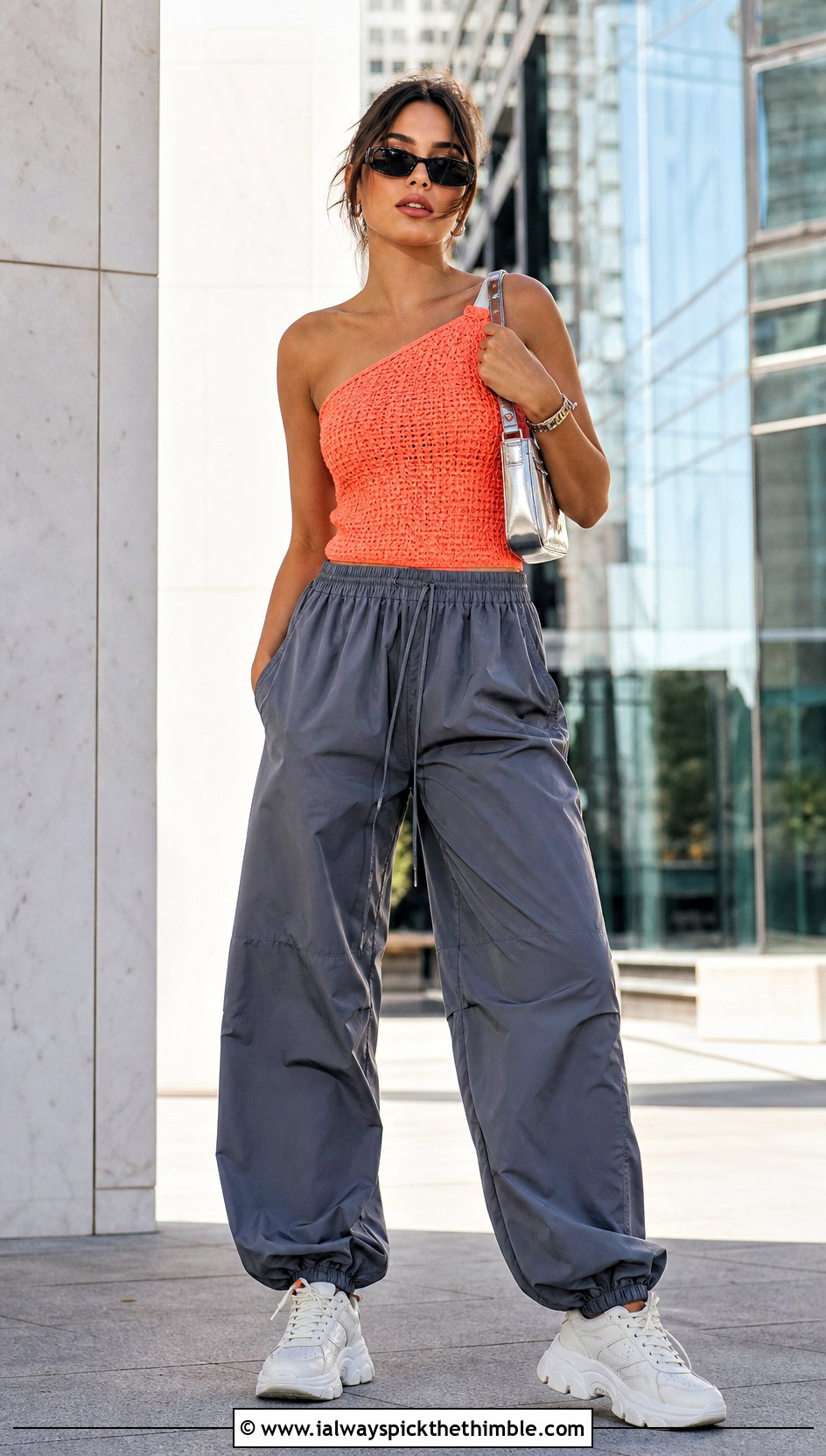 Lemon Peel Stitch Crochet Asymmetric Top With Parachute Pants - 20 lemon peel stitch crochet top outfit ideas