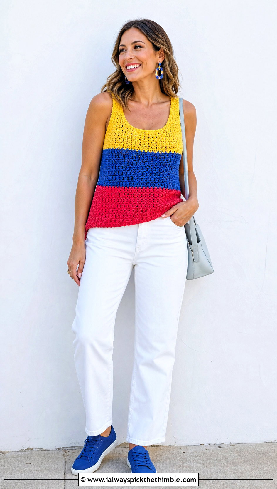 Lemon Peel Stitch Crochet Color Block Tank With White Jeans - 20 lemon peel stitch crochet top outfit ideas