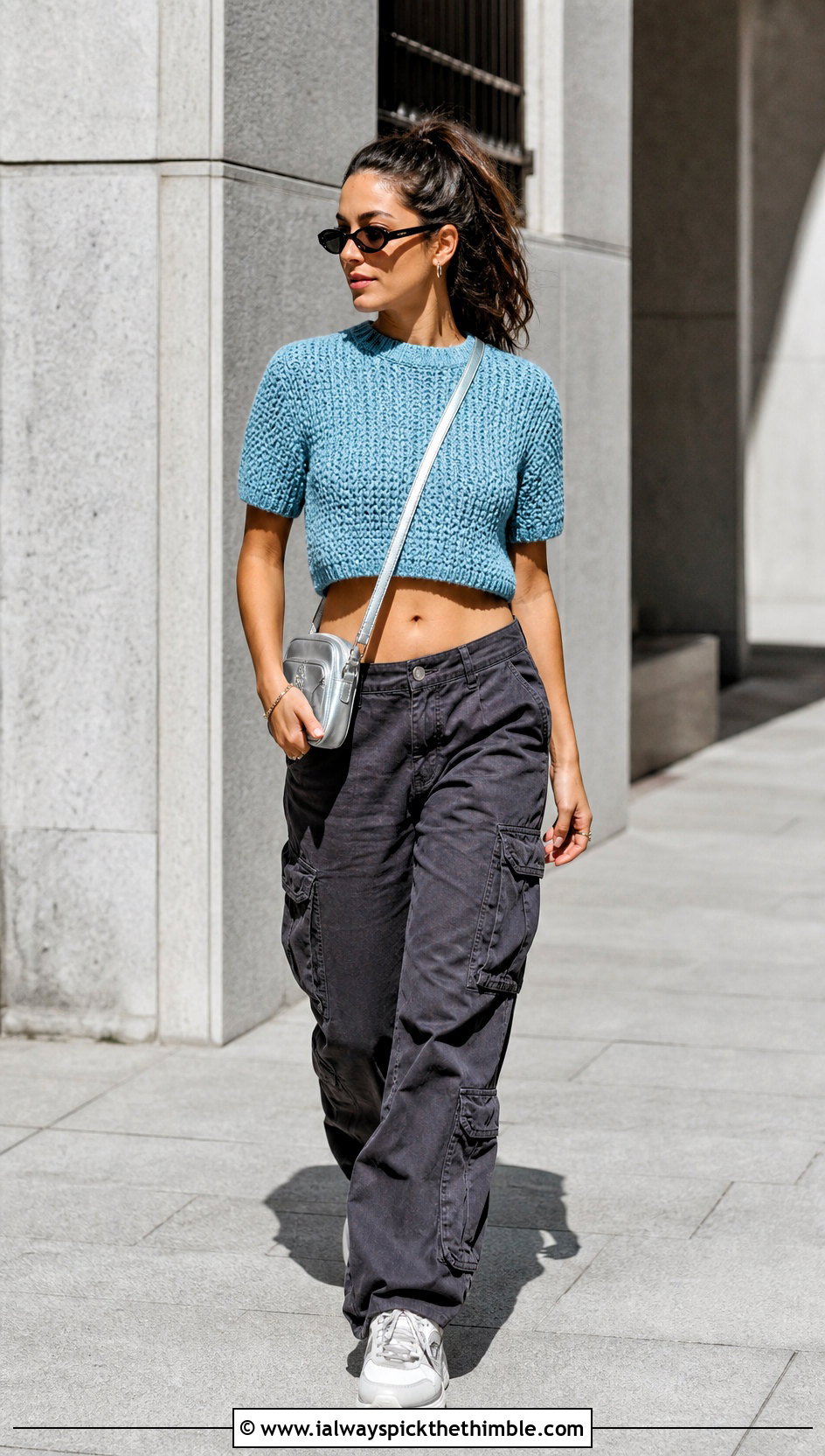 Lemon Peel Stitch Crochet Cropped Tee With Cargo Pants - 20 lemon peel stitch crochet top outfit ideas