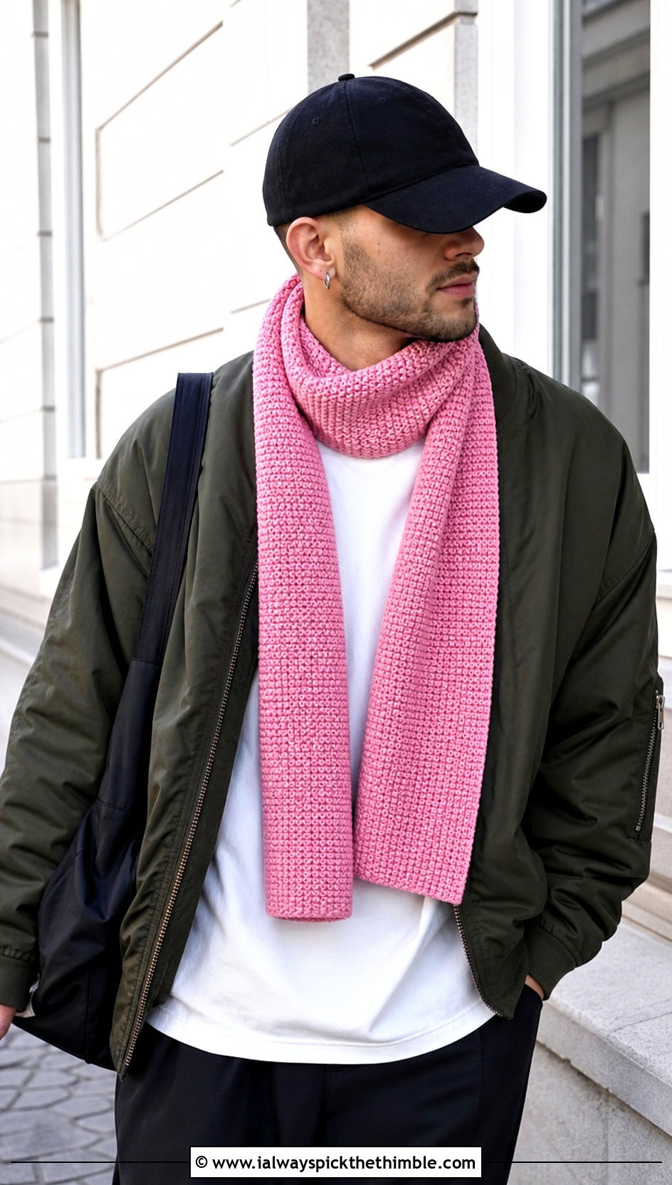 Lemon Peel Stitch Crochet Scarf With Bomber Jacket - 15 crochet stitch for mens scarf outfit ideas