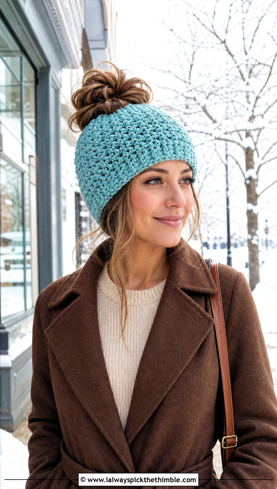 Lemon Peel Stitch Messy Bun Beanie With Sweater Dress - 15 Lemon Peel Stitch Crochet Hat outfit ideas