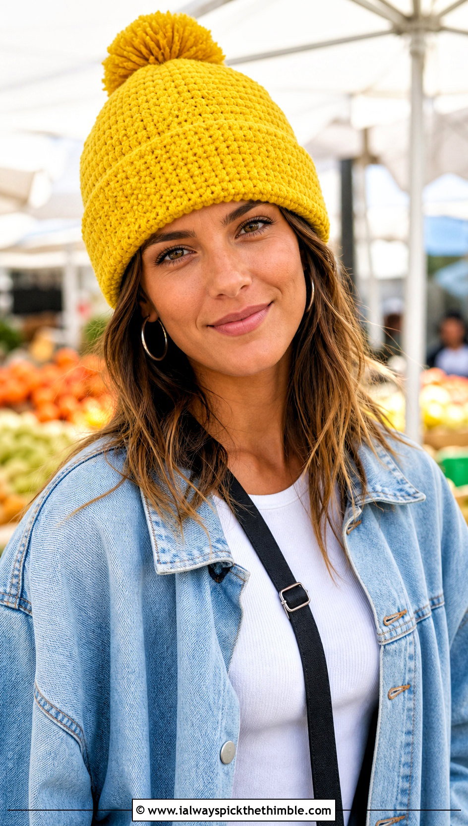 Lemon Peel Stitch Pom Pom Beanie With Denim Jacket - 15 Lemon Peel Stitch Crochet Hat outfit ideas