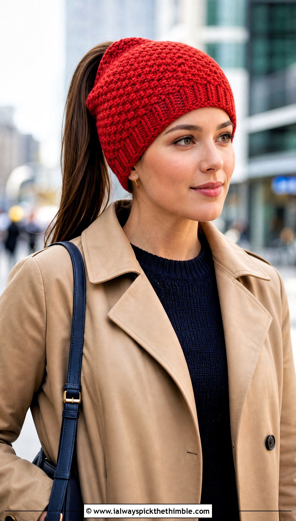 Lemon Peel Stitch Ponytail Beanie With Trench Coat - 15 Lemon Peel Stitch Crochet Hat outfit ideas