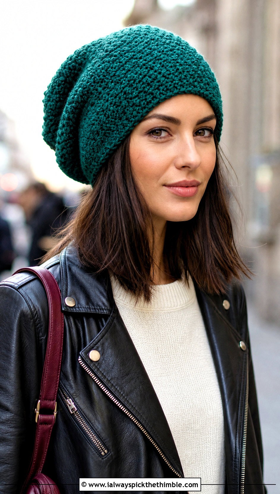 Lemon Peel Stitch Slouchy Beanie With Leather Jacket - 15 Lemon Peel Stitch Crochet Hat outfit ideas