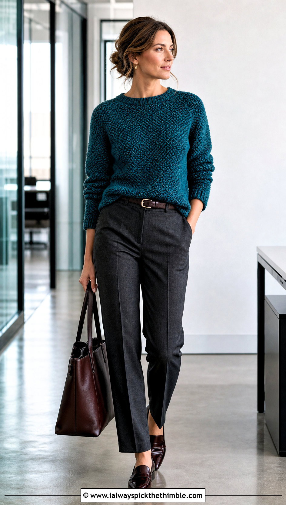 Lemon Peel Stitch Sweater With Tailored Trousers - 20 Crochet Lemon Sweater outfit ideas