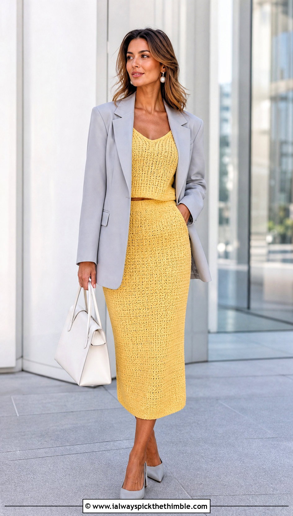 Lemon Yellow Crochet Tank Top And Midi Skirt Set With Blazer - 15 yellow crochet top and skirt set outfit ideas
