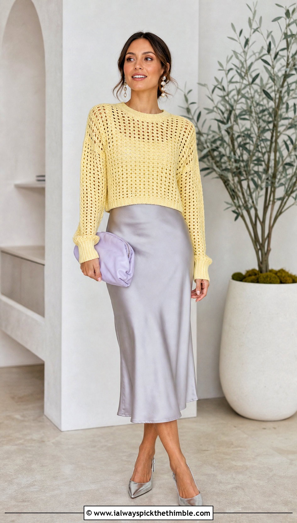 Lemon Yellow Cropped Crochet Sweater With Satin Skirt - 20 Crochet Yellow Sweater outfit ideas