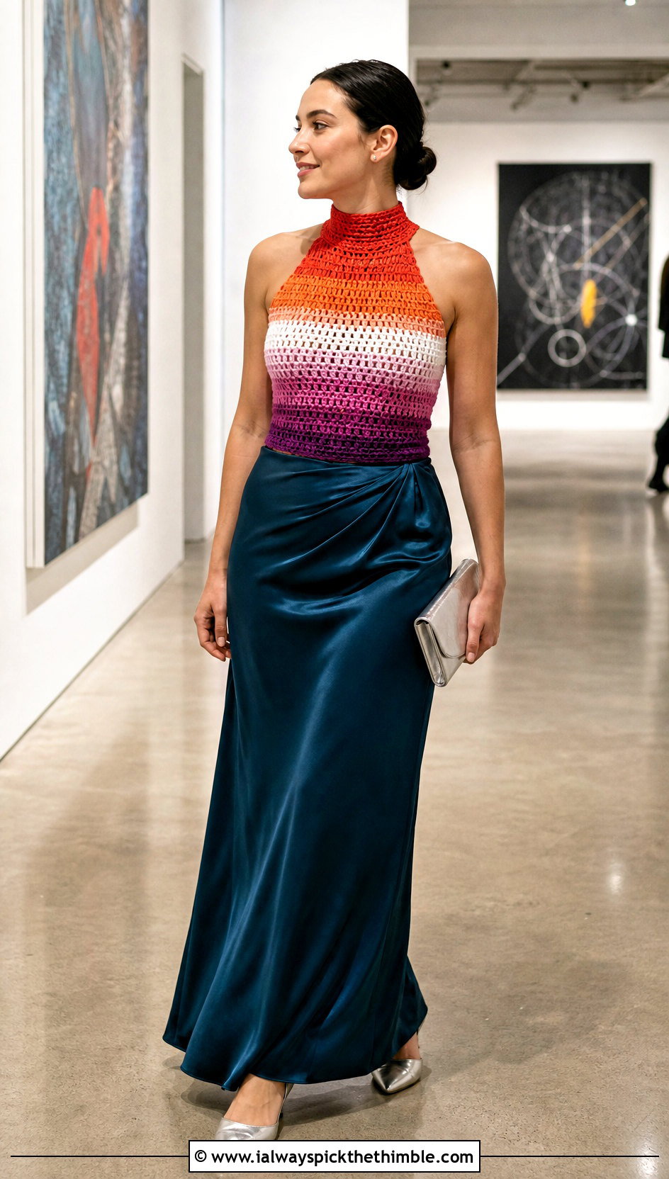 Lesbian Flag High Neck Top With Satin Maxi Skirt - 20 Lesbian Flag Crochet Top outfit ideas