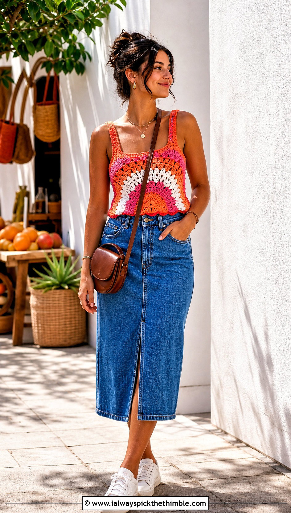 Lesbian Sunset Crochet Tank Top With Denim Midi Skirt - 25 crochet pride top outfit ideas