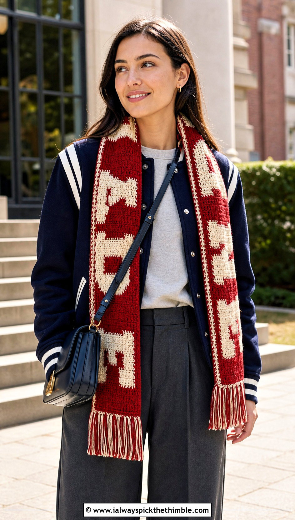 Lettered Tapestry Crochet Scarf With Varsity Jacket - 25 tapestry crochet scarf outfit ideas