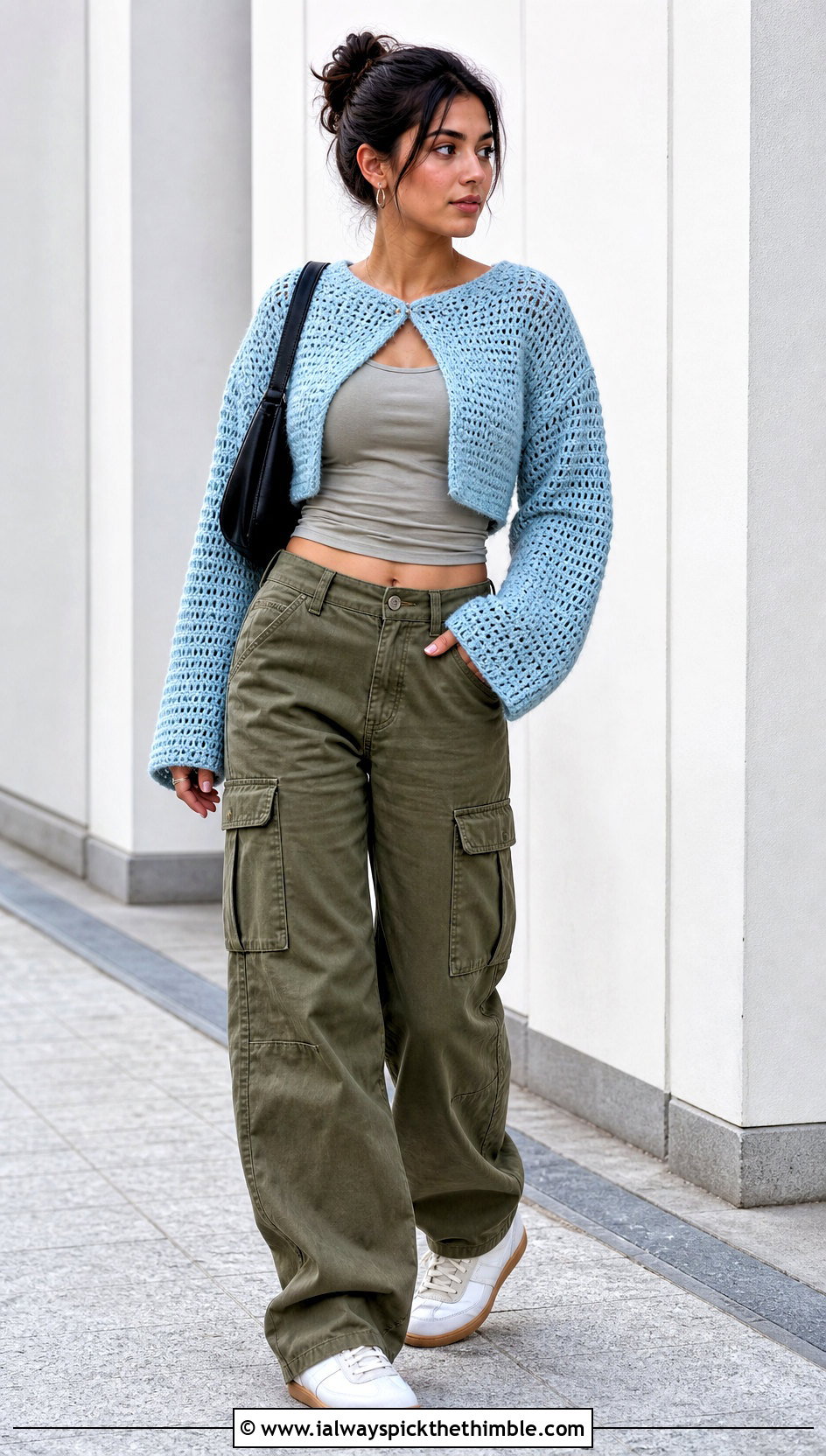 Light Blue Crochet Bolero Cardigan With Cargo Pants - 20 light blue crochet cardigan outfit ideas