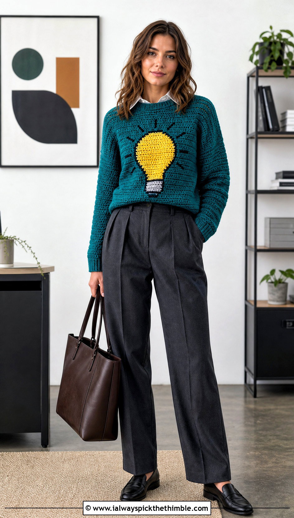 Light Bulb Crochet Mabel Sweater With Tailored Trousers - 25 crochet mabel sweater outfit ideas