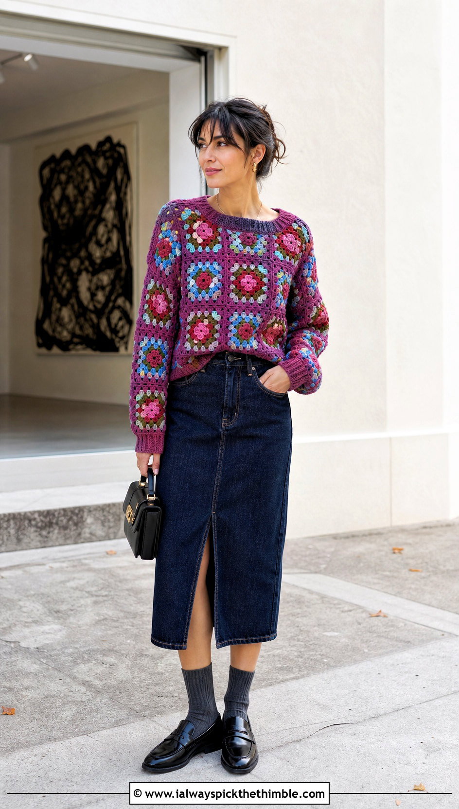 Light Granny Square Crochet Sweater With Denim Midi Skirt - 20 Light Crochet Sweater outfit ideas