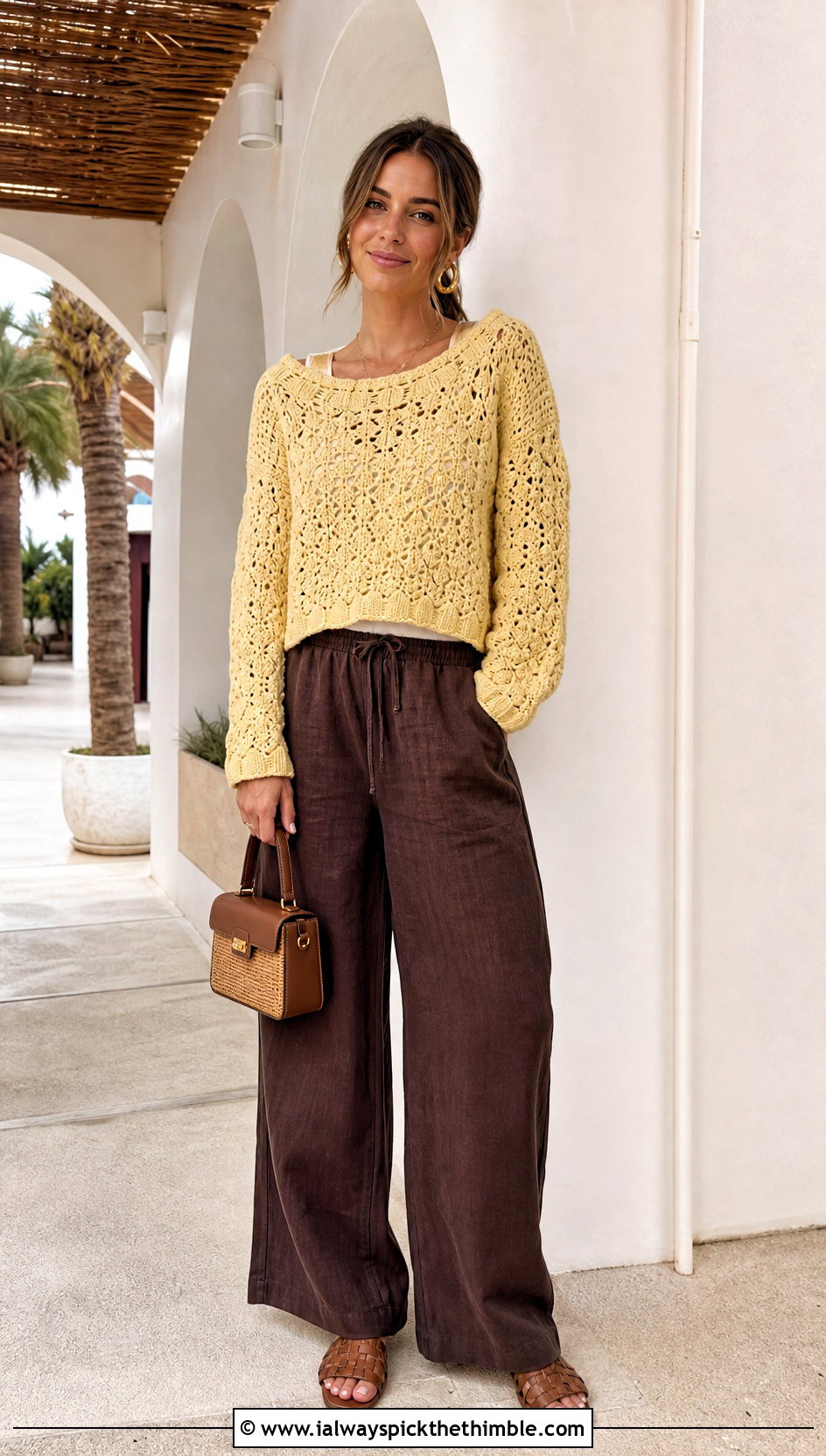 Light Lace Stitch Crochet Sweater With Linen Pants - 20 Light Crochet Sweater outfit ideas