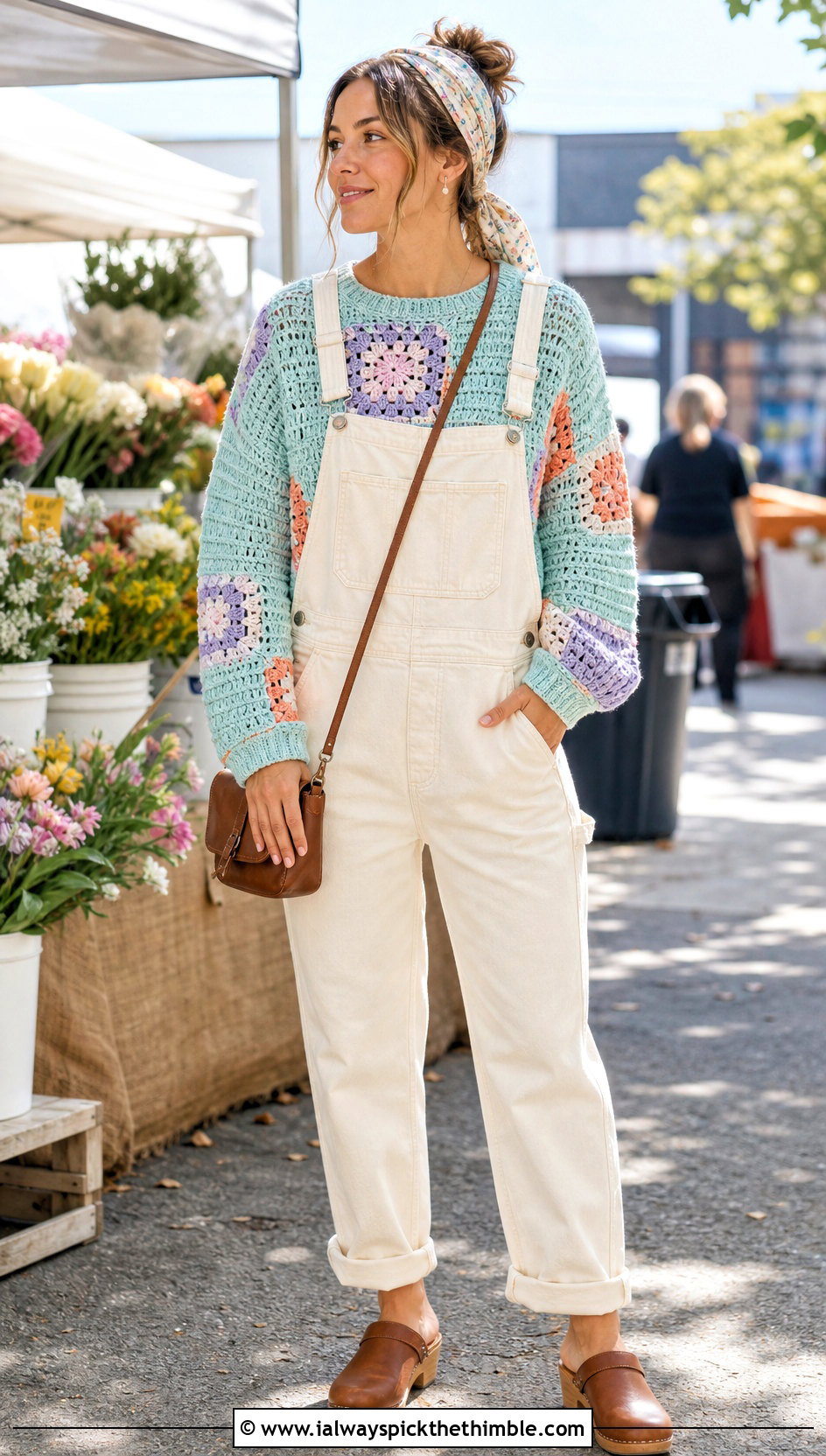 Light Patchwork Crochet Sweater With Denim Overalls - 20 Light Crochet Sweater outfit ideas