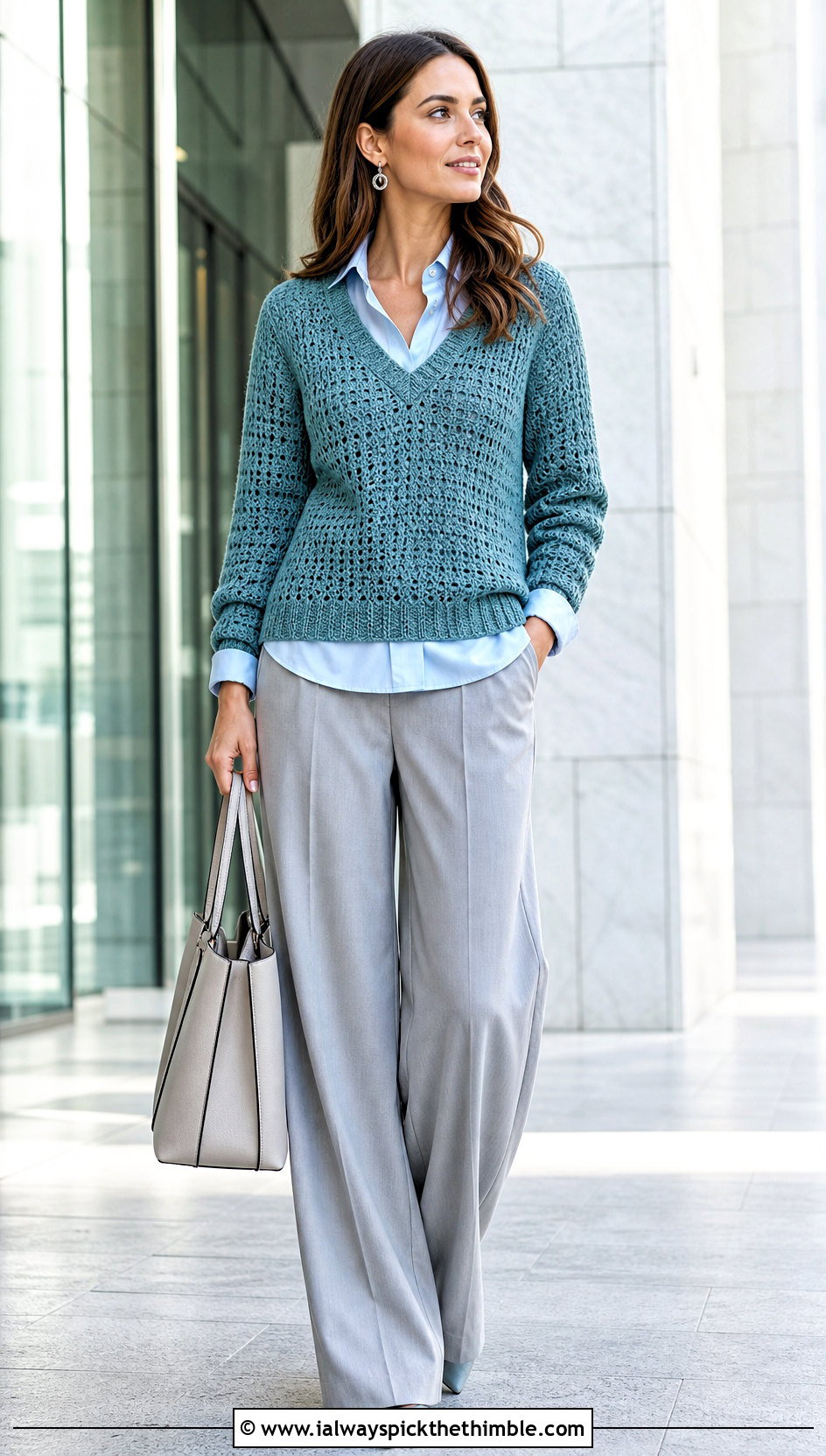 Light V Neck Crochet Sweater With Office Trousers - 20 Light Crochet Sweater outfit ideas