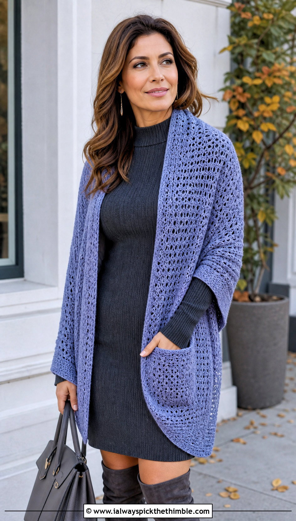 Light Weight Pocket Crochet Shawl With Sweater Dress - 20 Light Weight Crochet Shawl outfit ideas