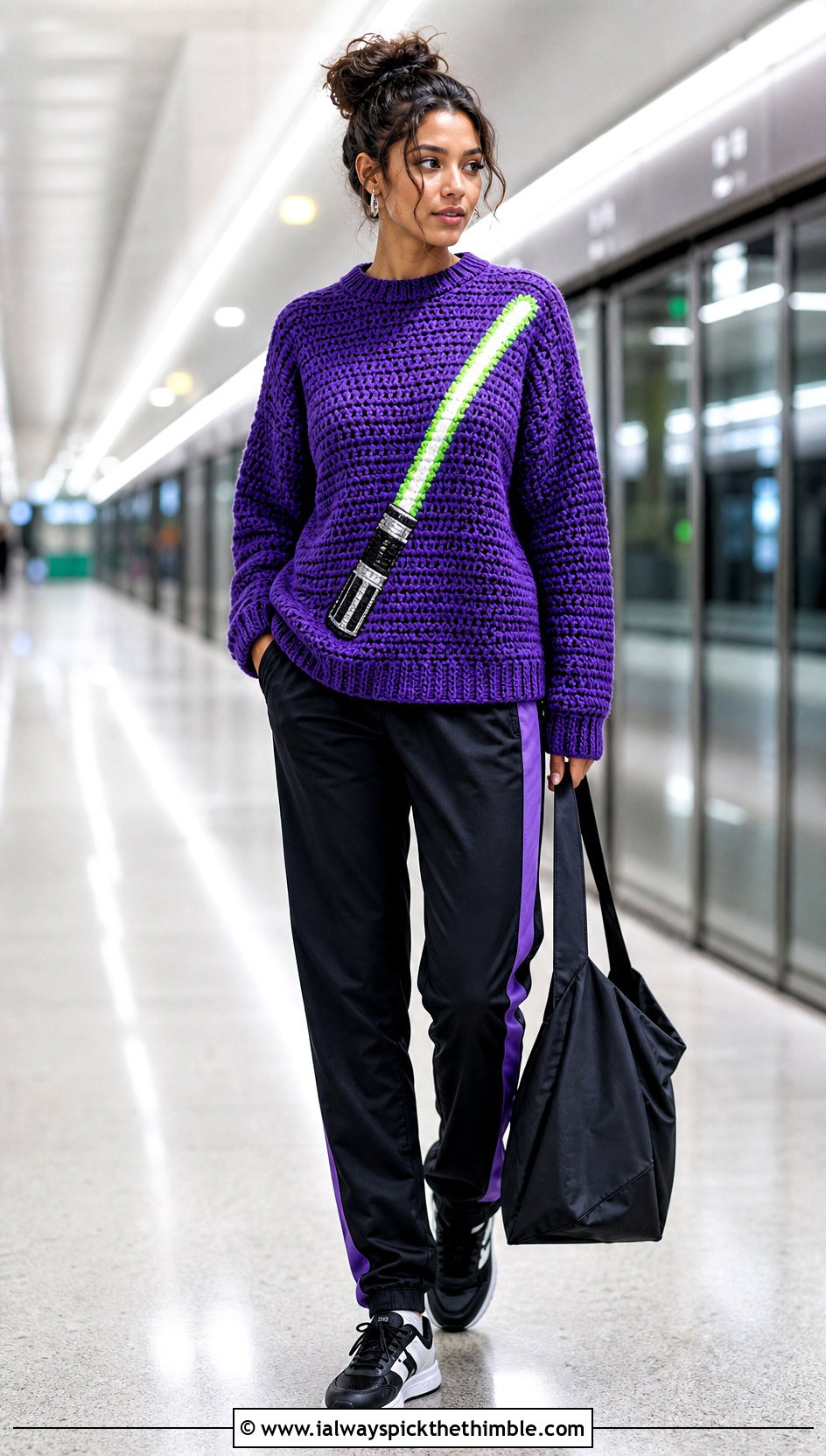 Lightsaber Applique Crochet Sweater With Track Pants - 20 Star Wars Crochet Sweater outfit ideas
