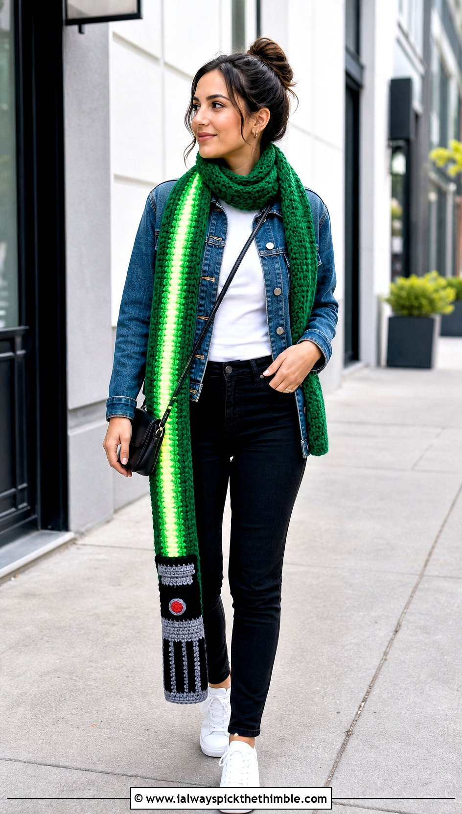 Lightsaber Long Scarf With Denim Jacket - 15 Crochet Star Wars Scarf outfit ideas