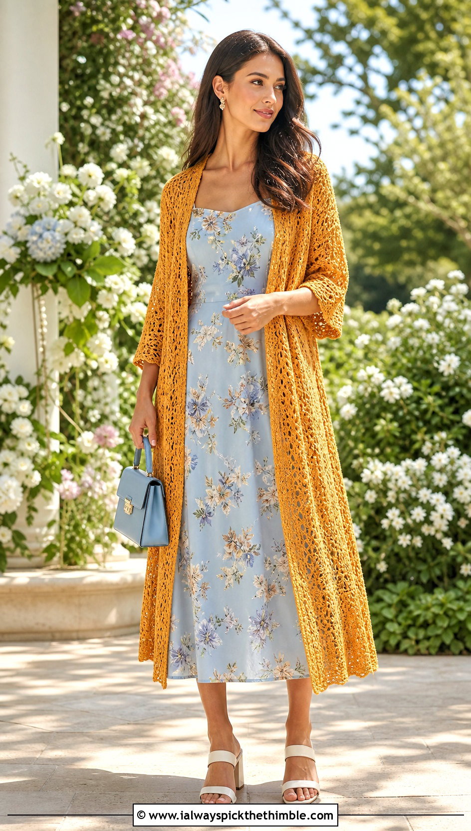 Lightweight Cotton Crochet Duster With Floral Midi Dress - 25 crochet long cardigan outfit ideas