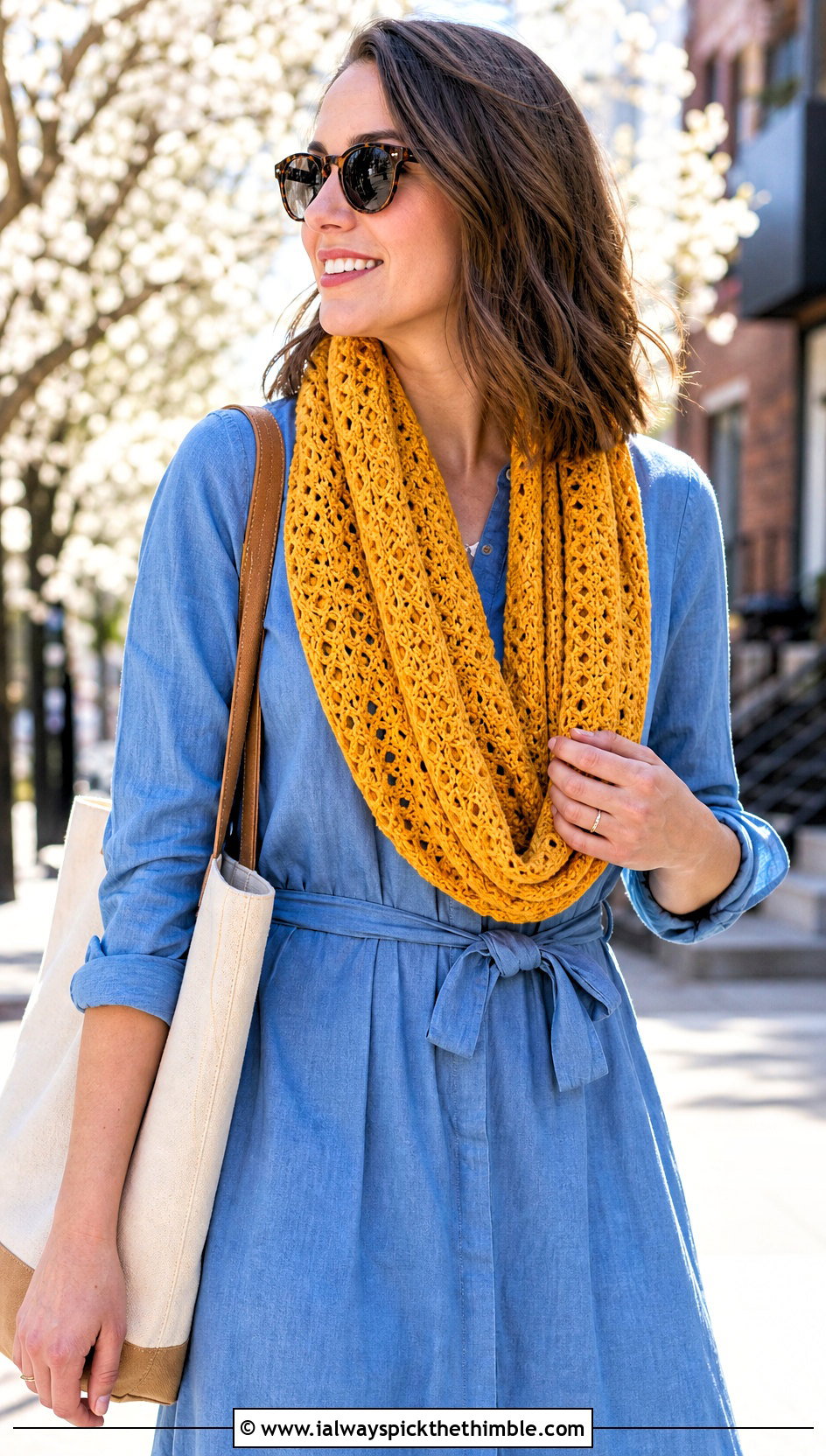 Lightweight Cotton Crochet Loop Scarf With Shirt Dress - 20 Crochet Loop Scarf outfit ideas