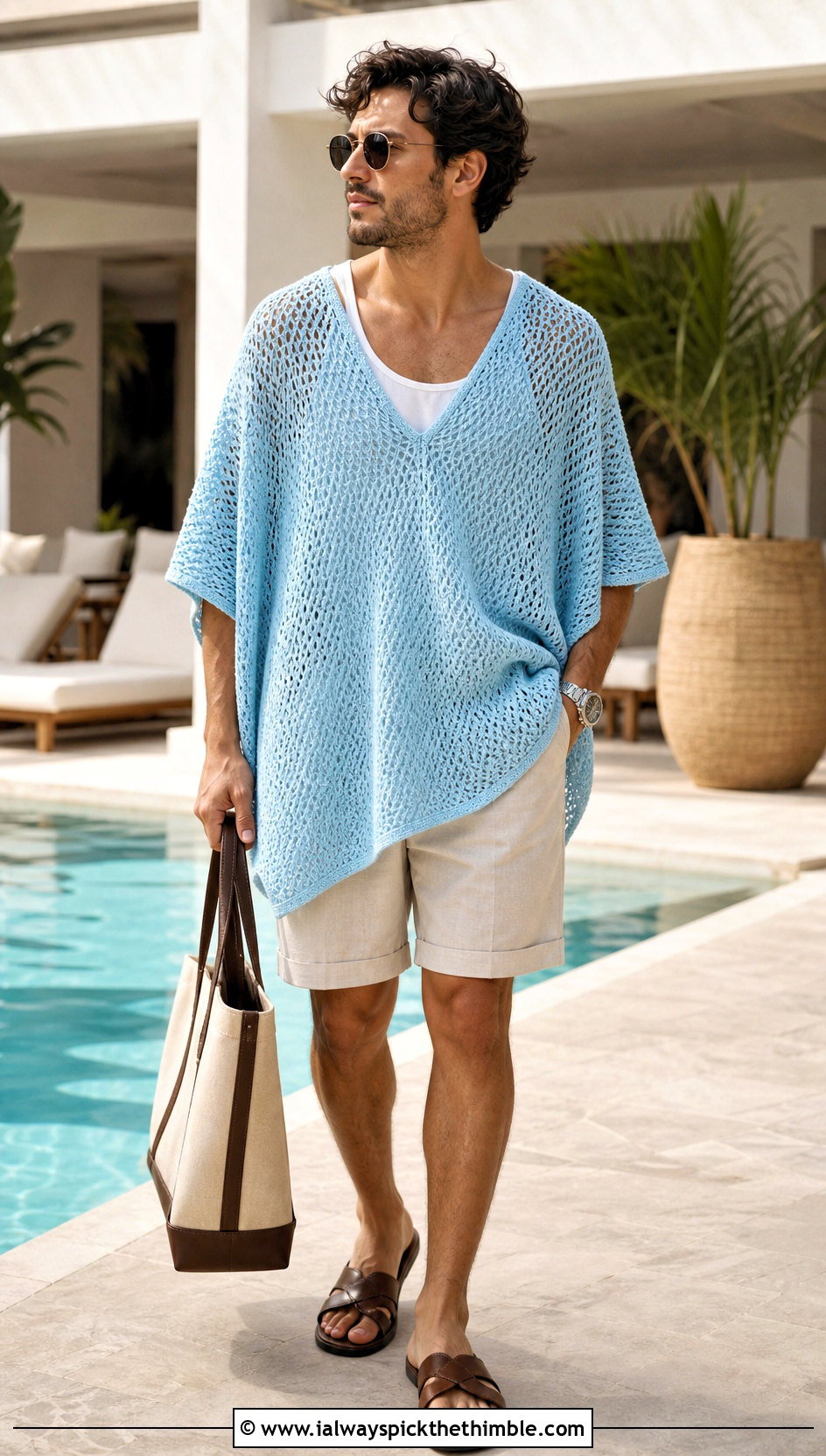 Lightweight Cotton Crochet Poncho With Tailored Shorts - 20 mens crochet poncho outfit ideas