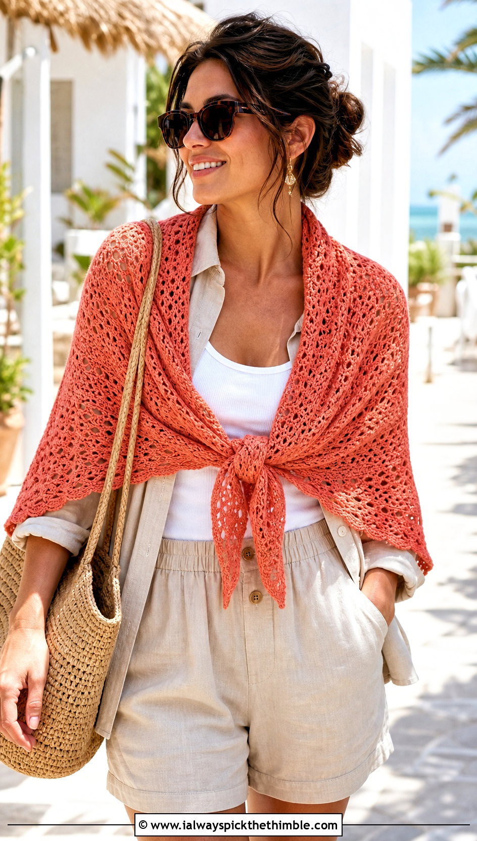 Lightweight Cotton Crochet Triangle Shawl With Shorts Set - 25 crochet triangle shawl outfit ideas