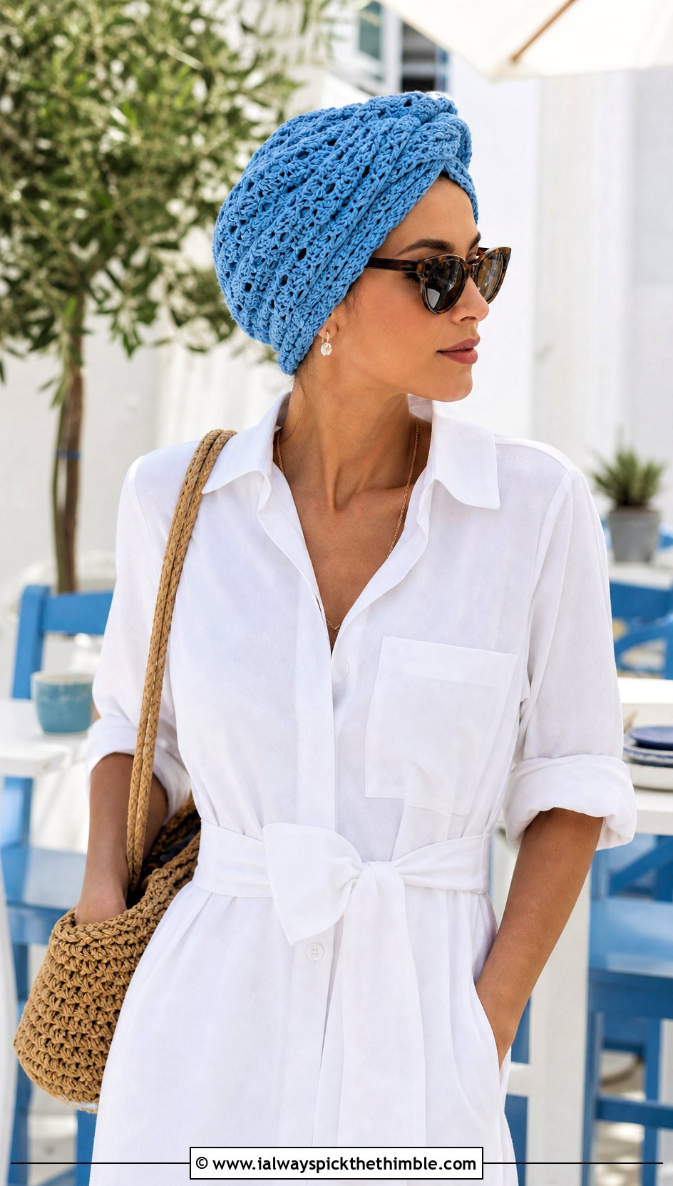 Lightweight Cotton Crochet Turban Hat With Shirt Dress - 15 crochet turban style hat outfit ideas