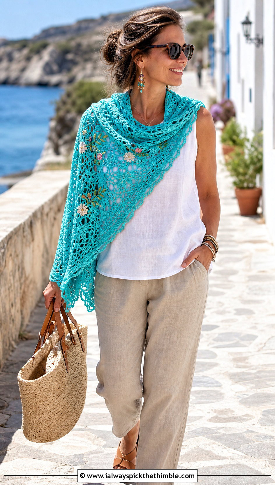 Lightweight Cotton Floral Shawl With A Linen Outfit - 15 Crochet Floral Shawl outfit ideas