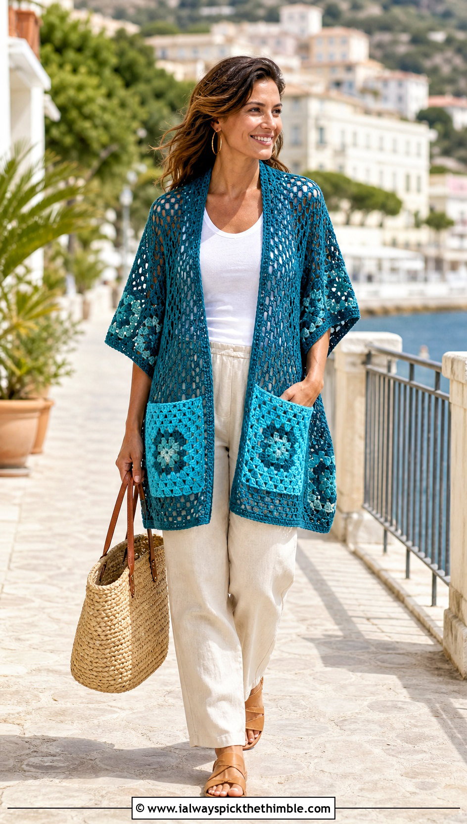 Lightweight Cotton Granny Square Pocket Shawl With Linen Pants - 20 Granny Square Pocket Shawl outfit ideas