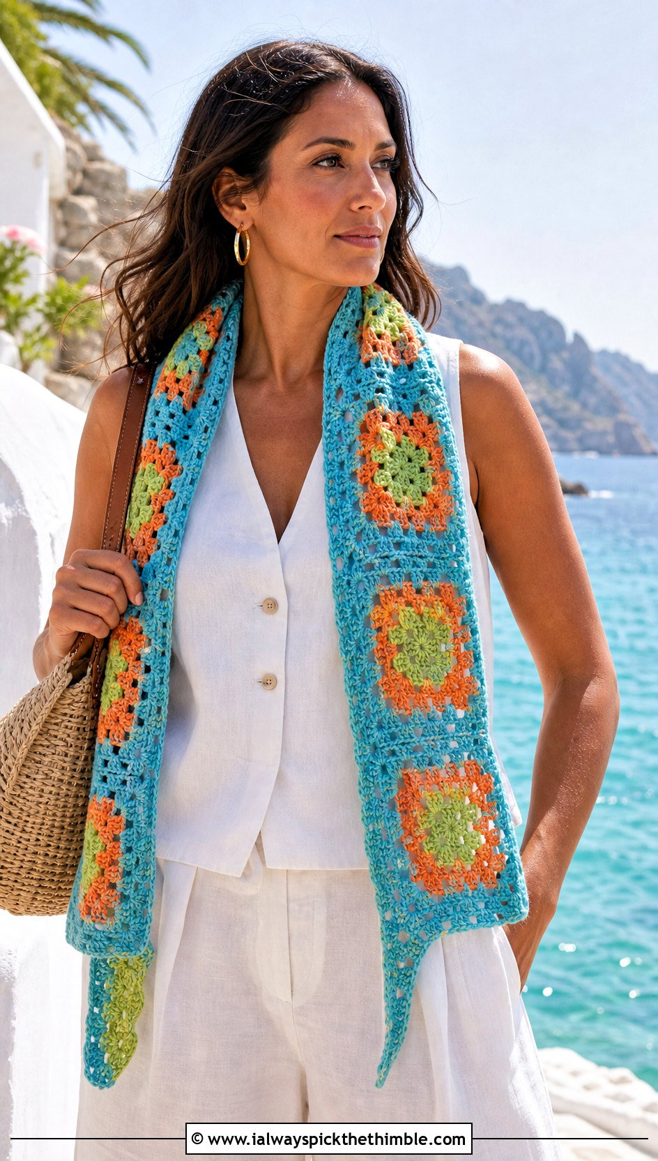 Lightweight Cotton Granny Square Scarf With Linen Set And Sandals - 20 crochet granny square scarf outfit ideas