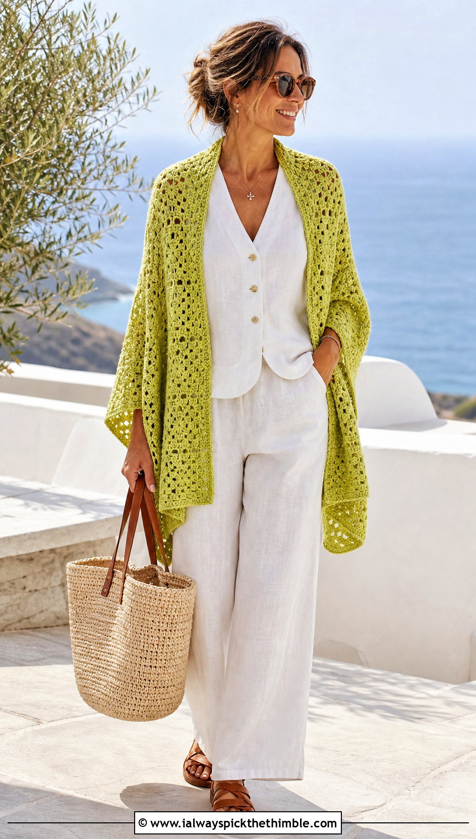 Lightweight Cotton Granny Square Wrap With Linen Set - 20 granny square wrap outfit ideas