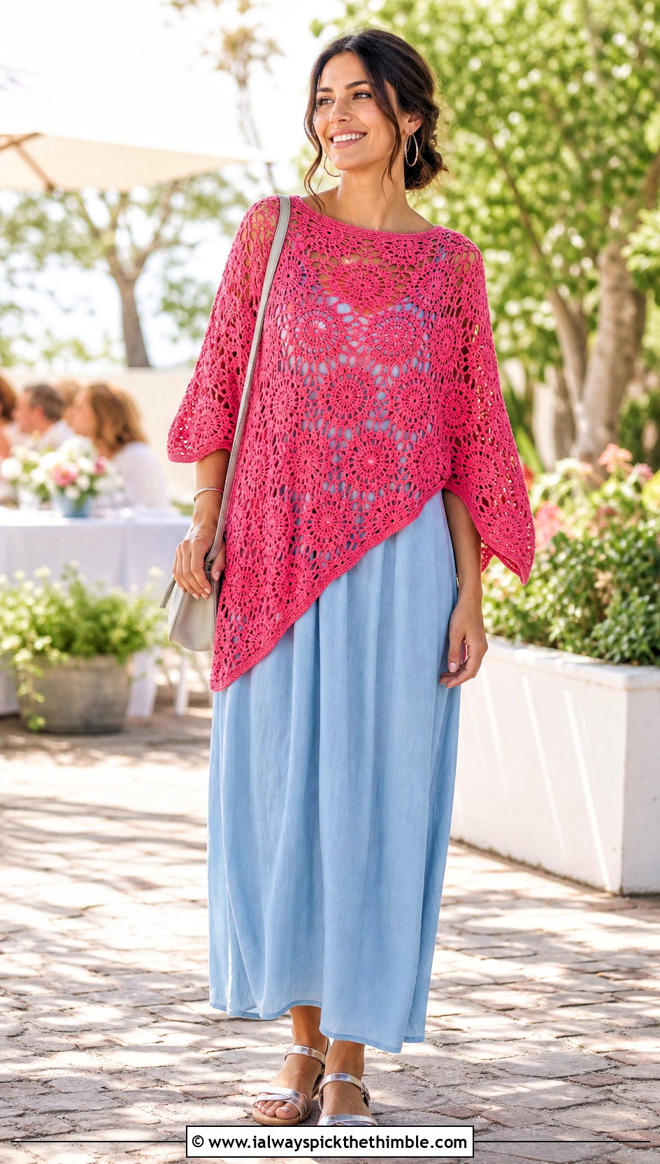 Lightweight Cotton Hexagon Crochet Poncho With Maxi Dress - 20 Hexagon Crochet Poncho outfit ideas