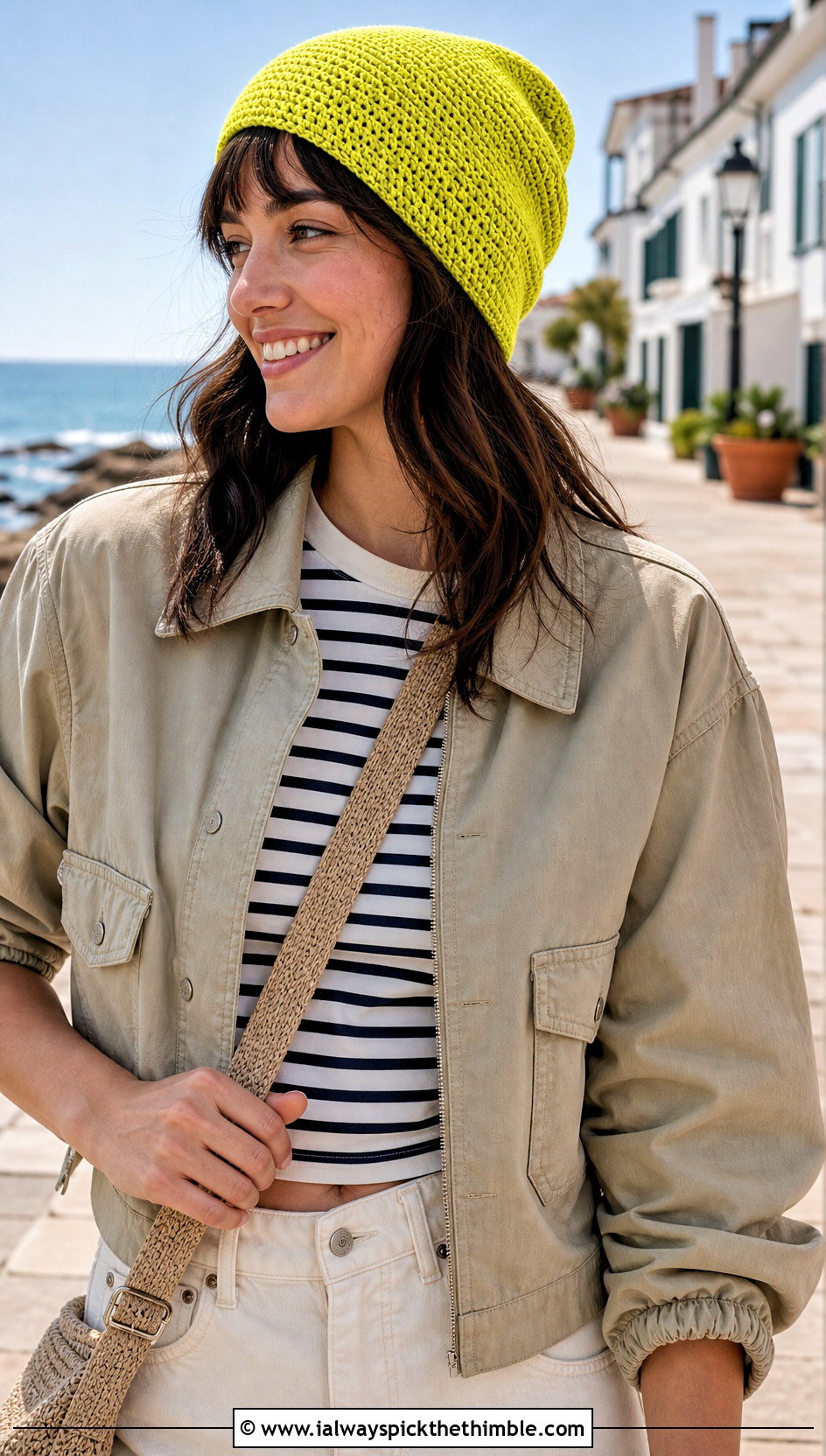 Lightweight Cotton Moss Stitch Beanie With Utility Jacket - 20 Crochet Moss Stitch Beanie outfit ideas