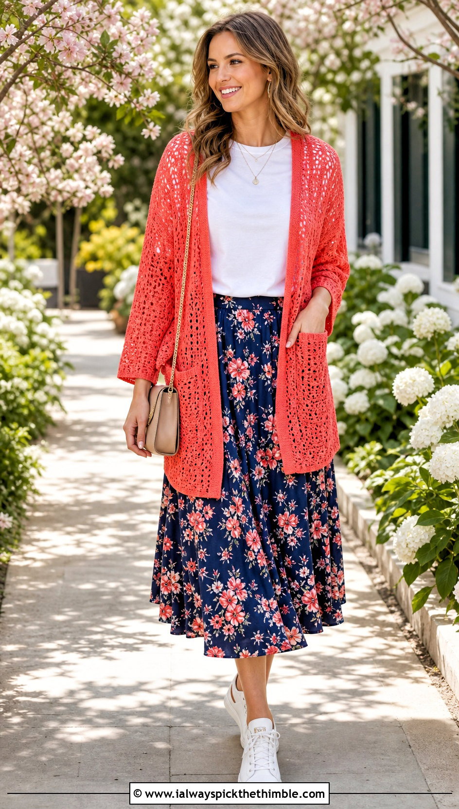 Lightweight Cotton Pocket Shawl With Midi Skirt - 20 Easy Crochet Shawl With Pockets outfit ideas