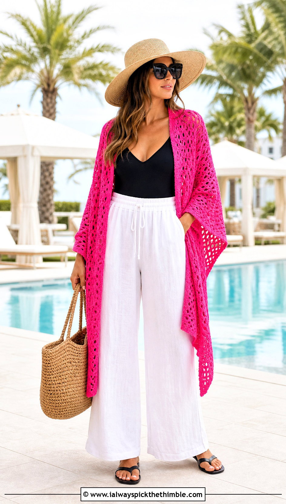 Lightweight Cotton Rectangle Crochet Shawl With Swimsuit And Trousers - 20 Easy Rectangle Crochet Shawl outfit ideas