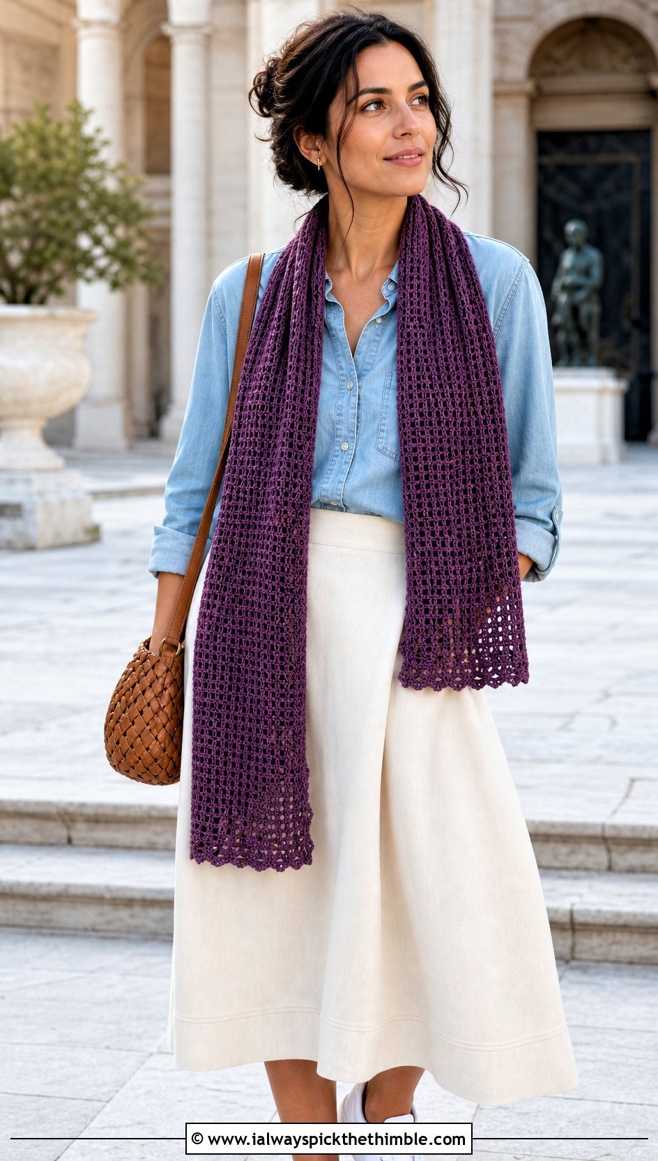 Lightweight Cotton Waffle Stitch Crochet Scarf With Denim Shirt - 20 waffle stitch crochet scarf outfit ideas