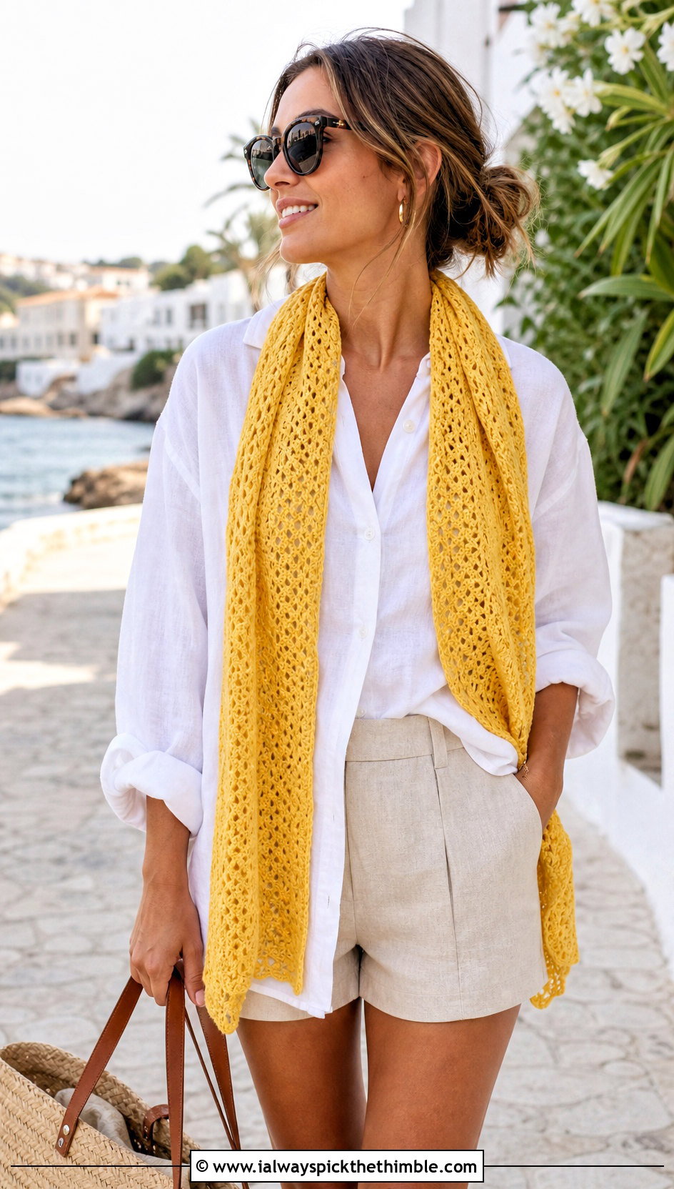 Lightweight Crochet Road Trip Scarf With Linen Outfit - 15 Crochet Road Trip Scarf outfit ideas