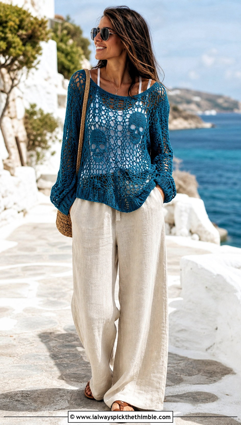 Lightweight Crochet Skull Sweater With Linen Pants - 25 crochet skull sweater outfit ideas