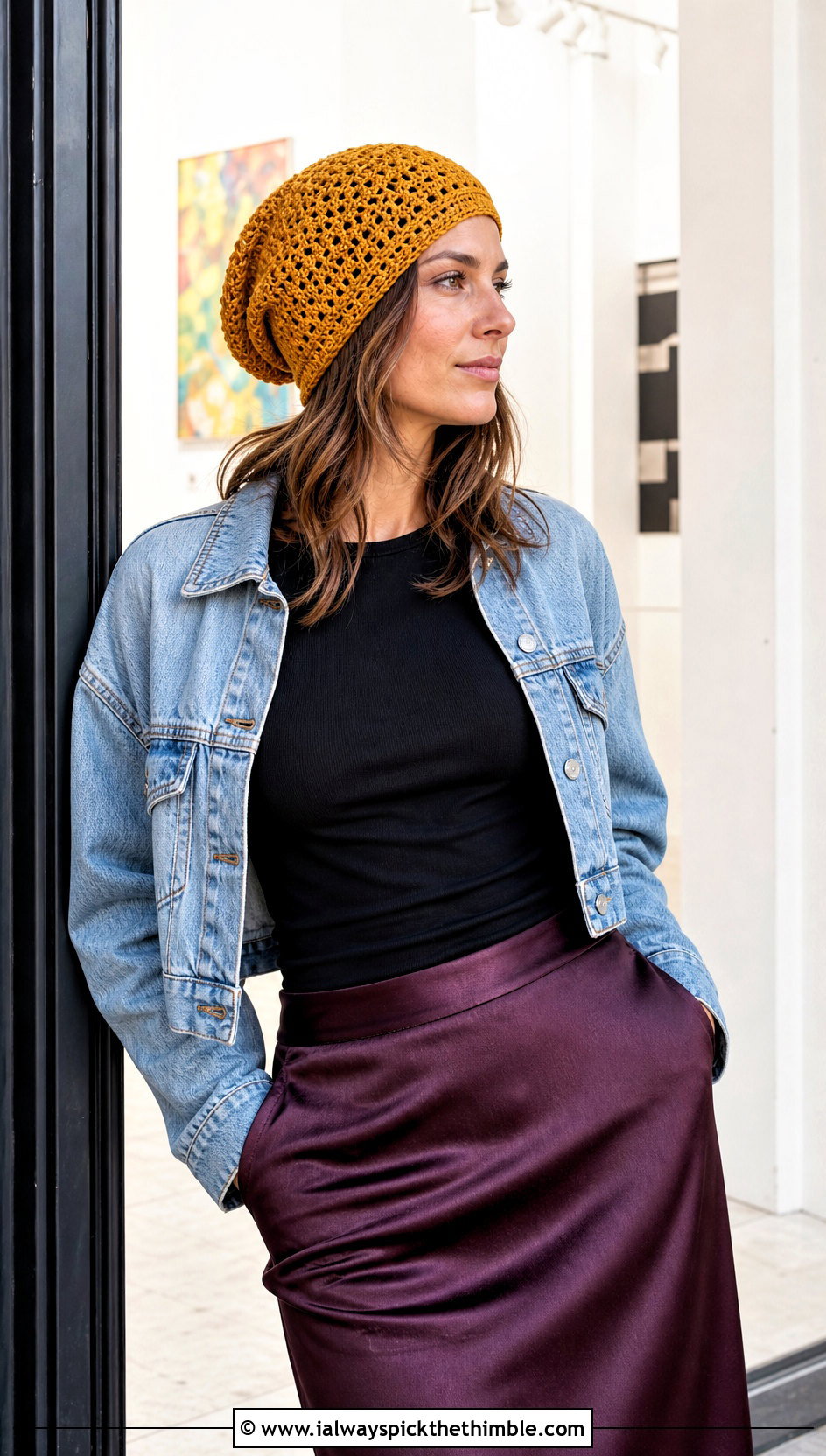 Lightweight Crochet Slouch Beanie With Satin Skirt - 20 easy crochet slouch hat outfit ideas